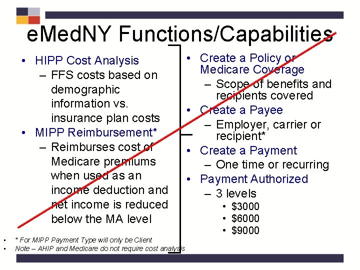 e. Med. NY Functions/Capabilities • HIPP Cost Analysis – FFS costs based on demographic e. Med. NY Functions/Capabilities • HIPP Cost Analysis – FFS costs based on demographic