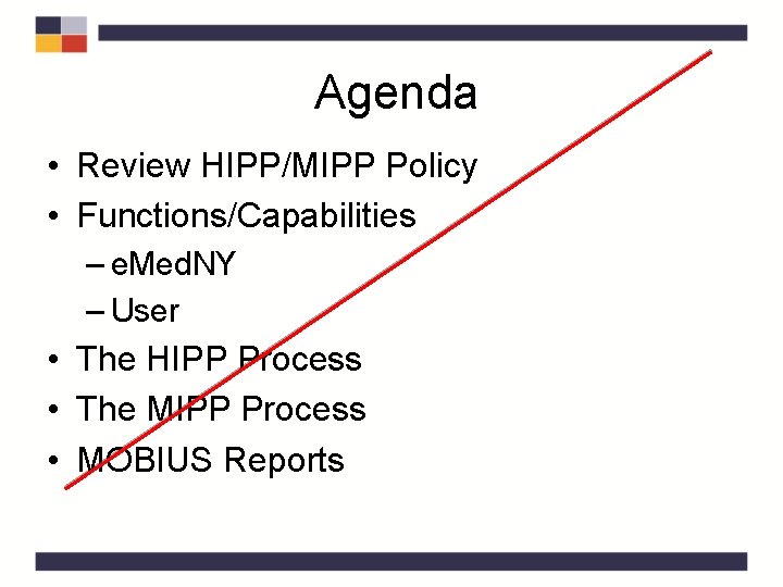 Agenda • Review HIPP/MIPP Policy • Functions/Capabilities – e. Med. NY – User Agenda • Review HIPP/MIPP Policy • Functions/Capabilities – e. Med. NY – User