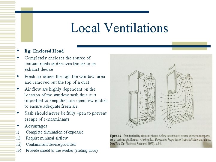 Local Ventilations w w w i) iii) iv) Eg: Enclosed Hood Completely encloses the