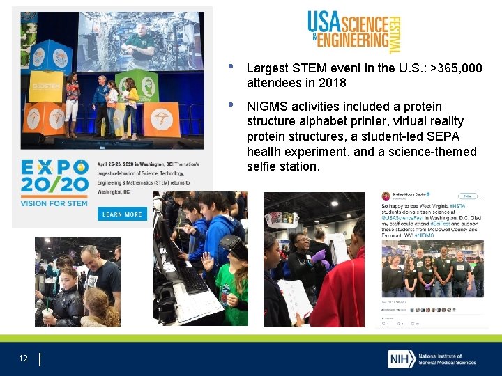 12 • Largest STEM event in the U. S. : >365, 000 attendees in