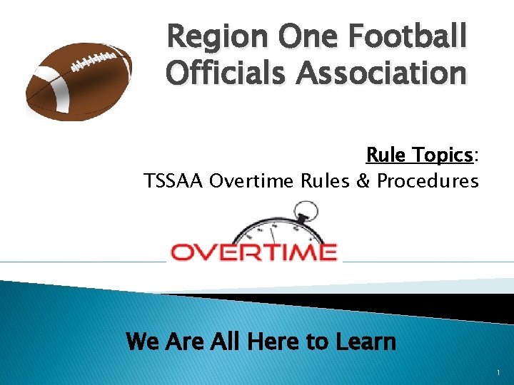 Region One Football Officials Association Rule Topics: TSSAA Overtime Rules & Procedures We Are