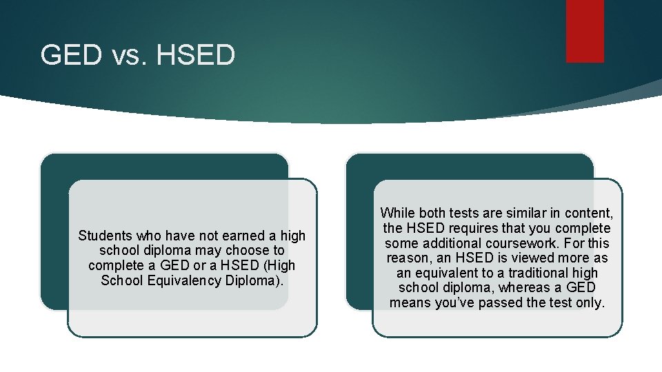 GED vs. HSED Students who have not earned a high school diploma may choose