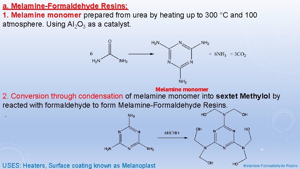 a. Melamine-Formaldehyde Resins: 1. Melamine monomer prepared from urea by heating up to 300