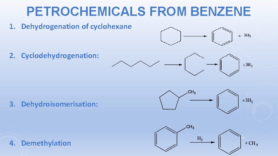 PETROCHEMICALS FROM BENZENE 1. Dehydrogenation of cyclohexane 2. Cyclodehydrogenation: 3. Dehydroisomerisation: 4. Demethylation 27