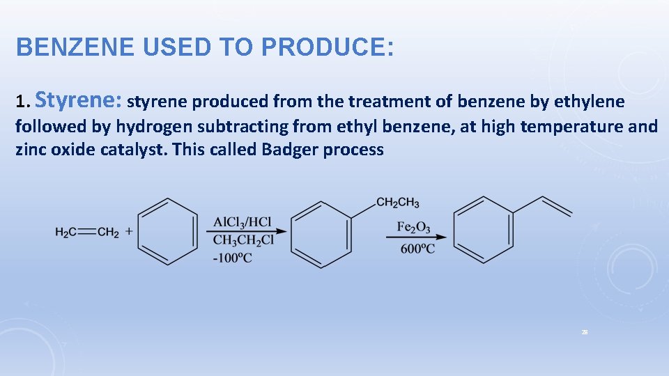 BENZENE USED TO PRODUCE: 1. Styrene: styrene produced from the treatment of benzene by