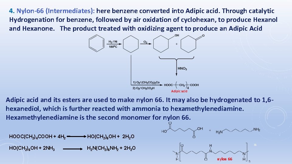 4. Nylon-66 (Intermediates): here benzene converted into Adipic acid. Through catalytic Hydrogenation for benzene,