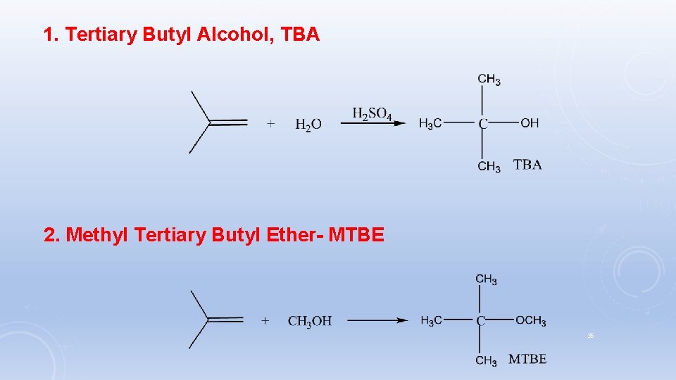 1. Tertiary Butyl Alcohol, TBA 2. Methyl Tertiary Butyl Ether- MTBE 35 