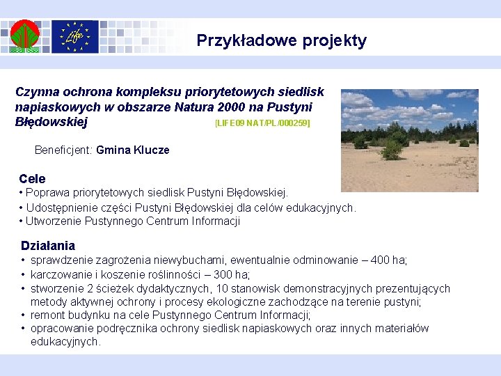 Przykładowe projekty Czynna ochrona kompleksu priorytetowych siedlisk napiaskowych w obszarze Natura 2000 na Pustyni