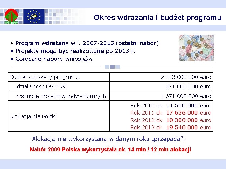 Okres wdrażania i budżet programu • Program wdrażany w l. 2007 -2013 (ostatni nabór)