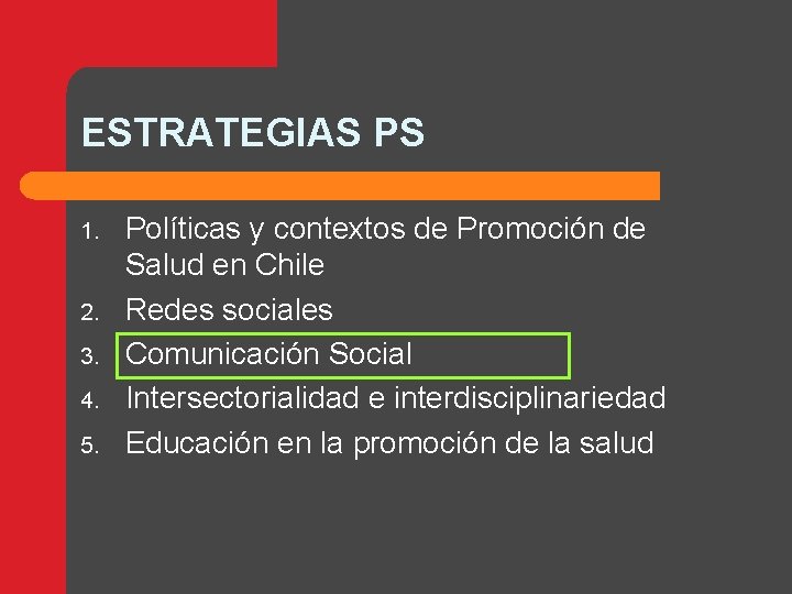 ESTRATEGIAS PS 1. 2. 3. 4. 5. Políticas y contextos de Promoción de Salud