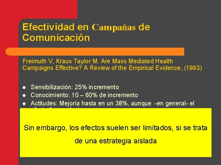 Efectividad en Campañas de Comunicación Freimuth V, Kraus Taylor M. Are Mass Mediated Health