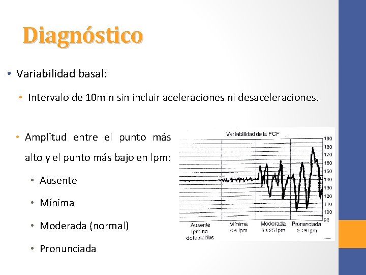 Diagnóstico • Variabilidad basal: • Intervalo de 10 min sin incluir aceleraciones ni desaceleraciones.