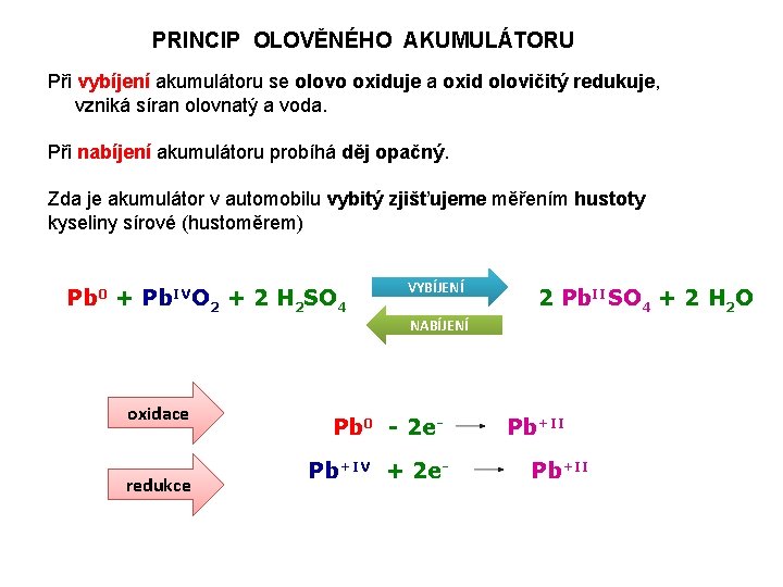 PRINCIP OLOVĚNÉHO AKUMULÁTORU Při vybíjení akumulátoru se olovo oxiduje a oxid olovičitý redukuje, vzniká