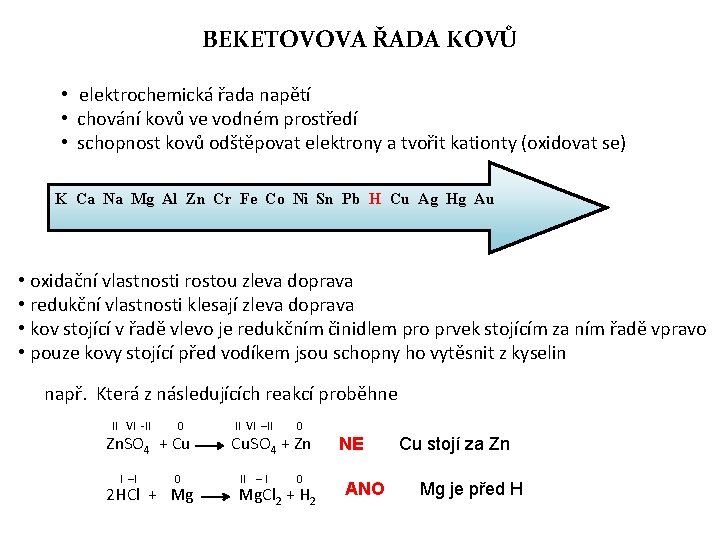 BEKETOVOVA ŘADA KOVŮ • elektrochemická řada napětí • chování kovů ve vodném prostředí •
