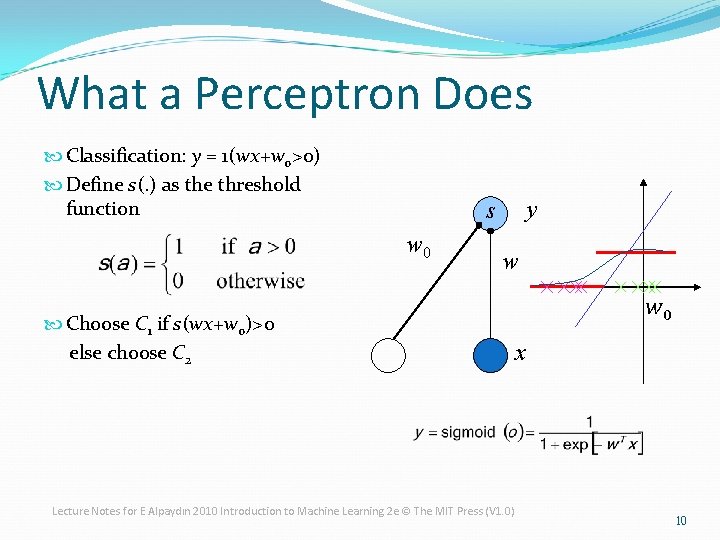 What a Perceptron Does Classification: y = 1(wx+w 0>0) Define s(. ) as the