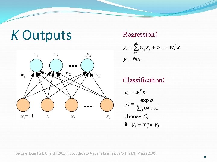 K Outputs Regression: Classification: Lecture Notes for E Alpaydın 2010 Introduction to Machine Learning