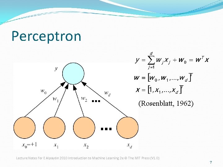 Perceptron (Rosenblatt, 1962) Lecture Notes for E Alpaydın 2010 Introduction to Machine Learning 2