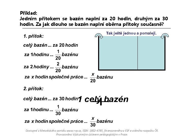 Příklad: Jedním přítokem se bazén naplní za 20 hodin, druhým za 30 hodin. Za