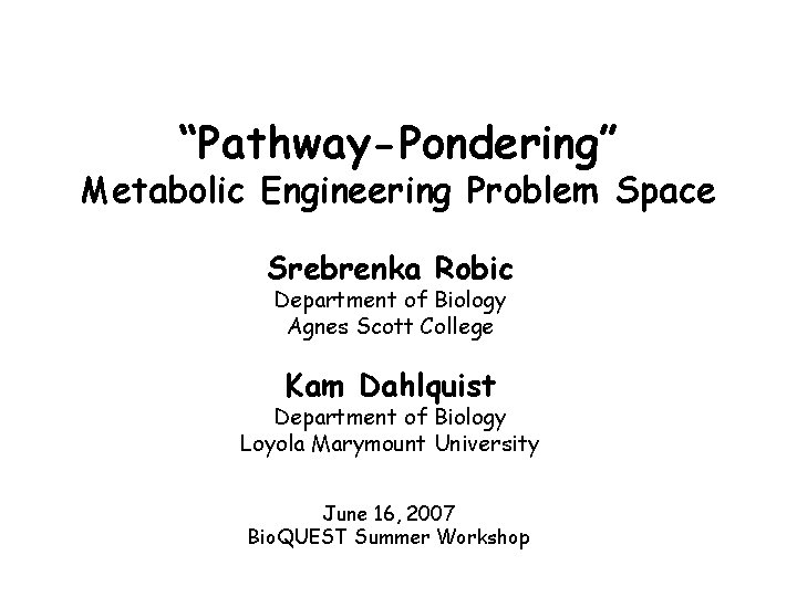 “Pathway-Pondering” Metabolic Engineering Problem Space Srebrenka Robic Department of Biology Agnes Scott College Kam