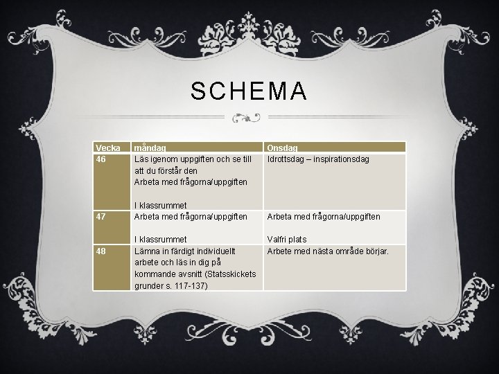 SCHEMA Vecka 46 47 48 måndag Läs igenom uppgiften och se till att du SCHEMA Vecka 46 47 48 måndag Läs igenom uppgiften och se till att du