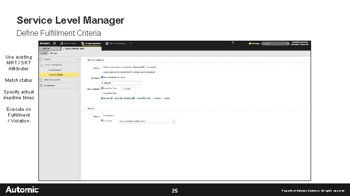 Service Level Manager Define Fulfillment Criteria Use existing MRT / SRT Attributes Match status