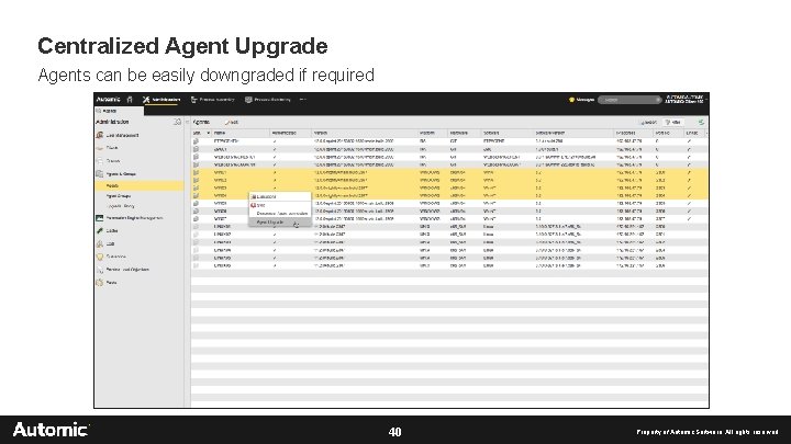 Centralized Agent Upgrade Agents can be easily downgraded if required 40 Property of Automic