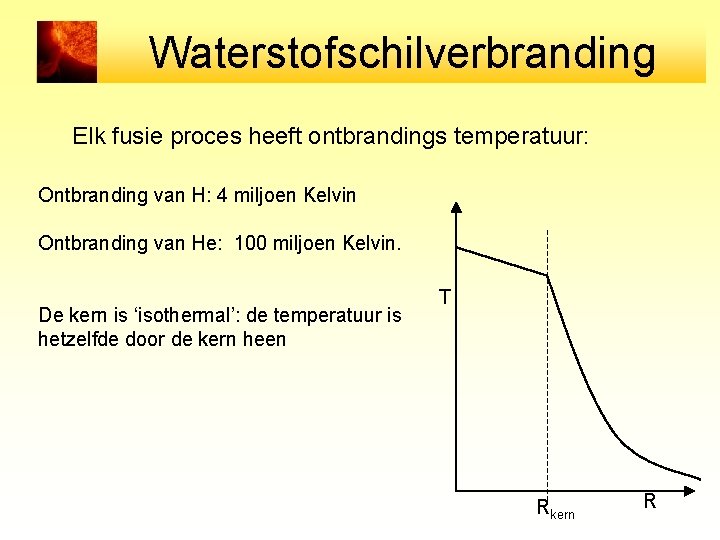 Waterstofschilverbranding Elk fusie proces heeft ontbrandings temperatuur: Ontbranding van H: 4 miljoen Kelvin Ontbranding