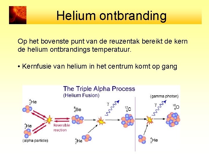Helium ontbranding Op het bovenste punt van de reuzentak bereikt de kern de helium