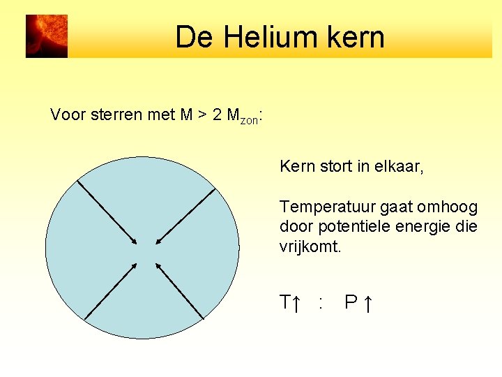 De Helium kern Voor sterren met M > 2 Mzon: Kern stort in elkaar,