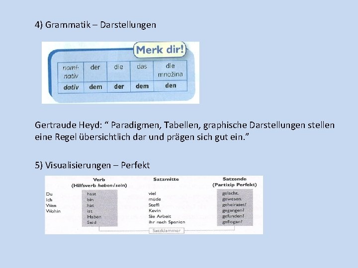 4) Grammatik – Darstellungen Gertraude Heyd: “ Paradigmen, Tabellen, graphische Darstellungen stellen eine Regel
