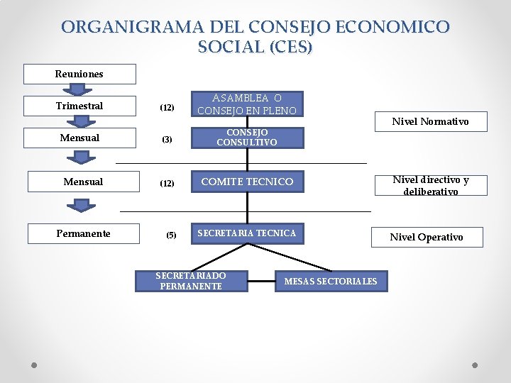 ORGANIGRAMA DEL CONSEJO ECONOMICO SOCIAL (CES) Reuniones Trimestral Mensual Permanente ASAMBLEA O (12) CONSEJO