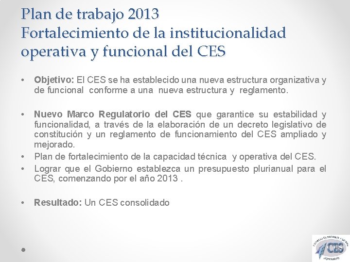 Plan de trabajo 2013 Fortalecimiento de la institucionalidad operativa y funcional del CES •