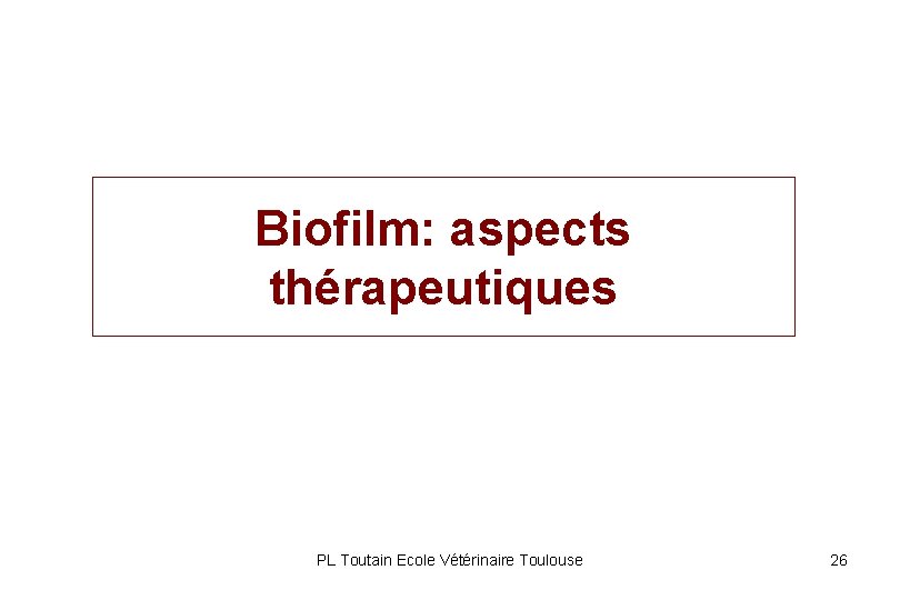 Biofilm: aspects thérapeutiques PL Toutain Ecole Vétérinaire Toulouse 26 