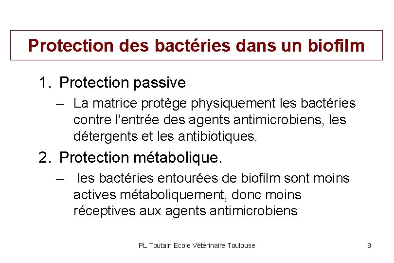 Protection des bactéries dans un biofilm 1. Protection passive – La matrice protège physiquement