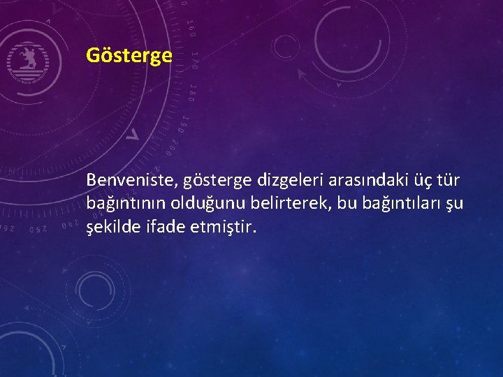 Gösterge Benveniste, gösterge dizgeleri arasındaki üç tür bağıntının olduğunu belirterek, bu bağıntıları şu şekilde