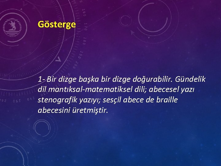 Gösterge 1 - Bir dizge başka bir dizge doğurabilir. Gündelik dil mantıksal-matematiksel dili; abecesel