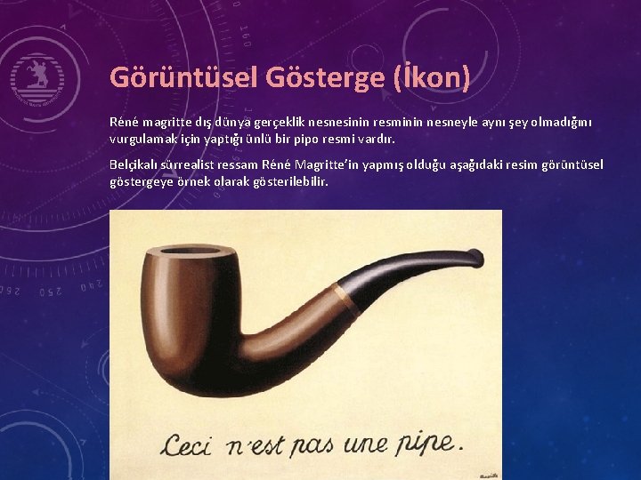 Görüntüsel Gösterge (İkon) Réné magritte dış dünya gerçeklik nesnesinin resminin nesneyle aynı şey olmadığını