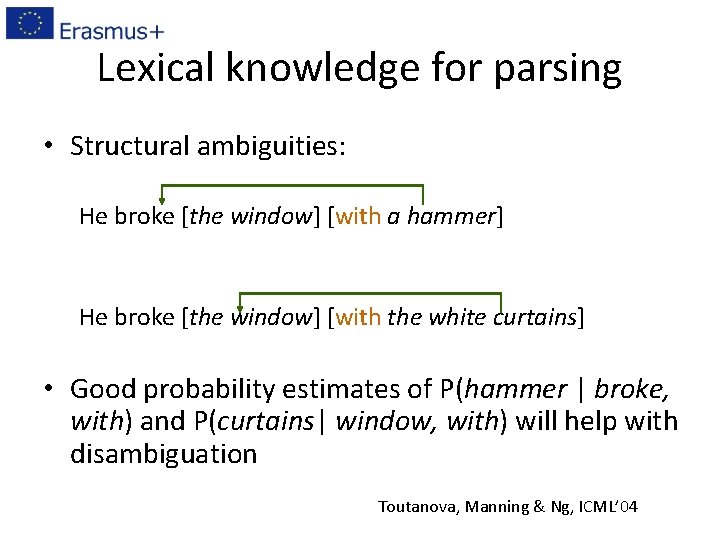 Lexical knowledge for parsing • Structural ambiguities: He broke [the window] [with a hammer]