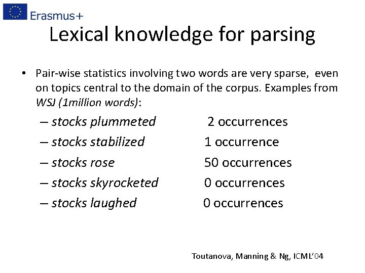 Lexical knowledge for parsing • Pair-wise statistics involving two words are very sparse, even