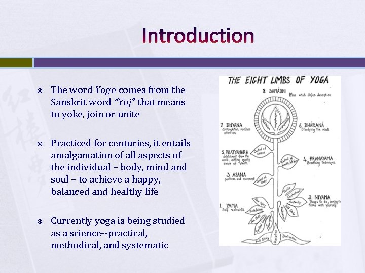 Introduction The word Yoga comes from the Sanskrit word “Yuj” that means to yoke,