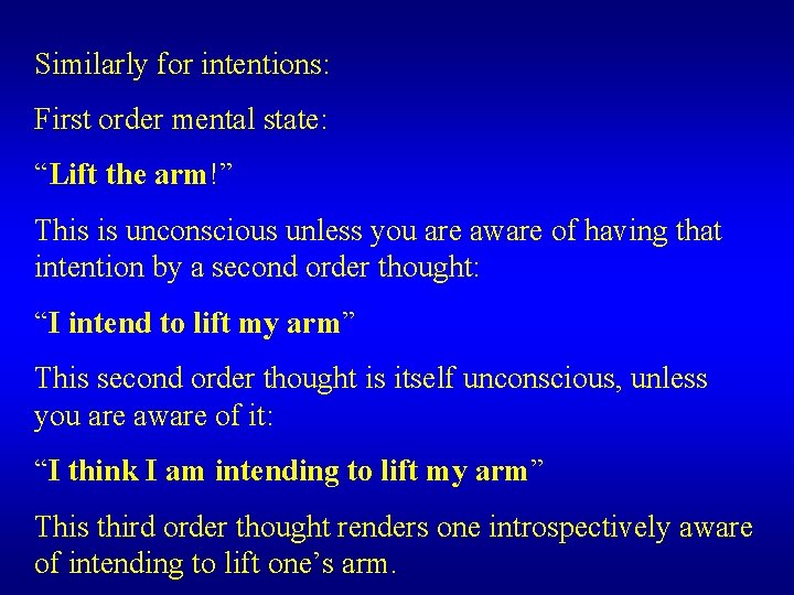 Similarly for intentions: First order mental state: “Lift the arm!” This is unconscious unless Similarly for intentions: First order mental state: “Lift the arm!” This is unconscious unless