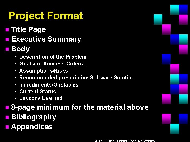 Project Format Title Page n Executive Summary n Body n • • Description of
