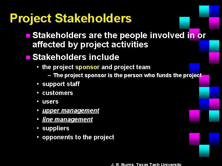 Project Stakeholders are the people involved in or affected by project activities n Stakeholders