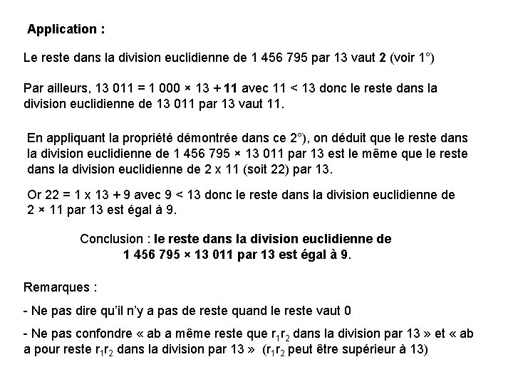 Application : Le reste dans la division euclidienne de 1 456 795 par 13