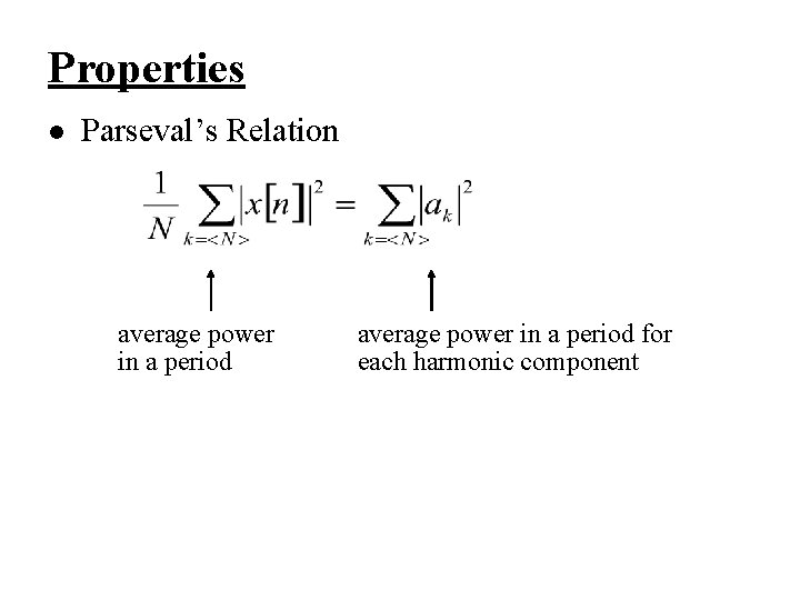 Properties l Parseval’s Relation average power in a period for each harmonic component 