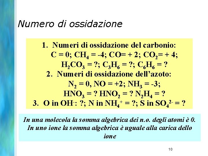 Numero di ossidazione 1. Numeri di ossidazione del carbonio: C = 0; CH 4