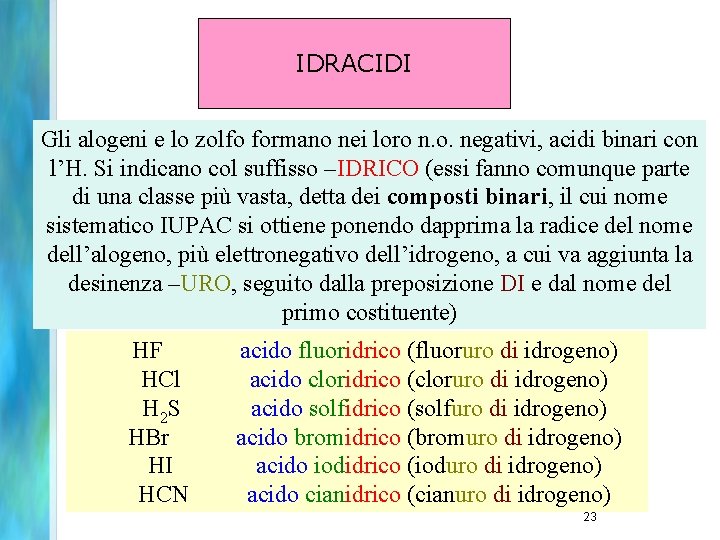 IDRACIDI Gli alogeni e lo zolfo formano nei loro n. o. negativi, acidi binari