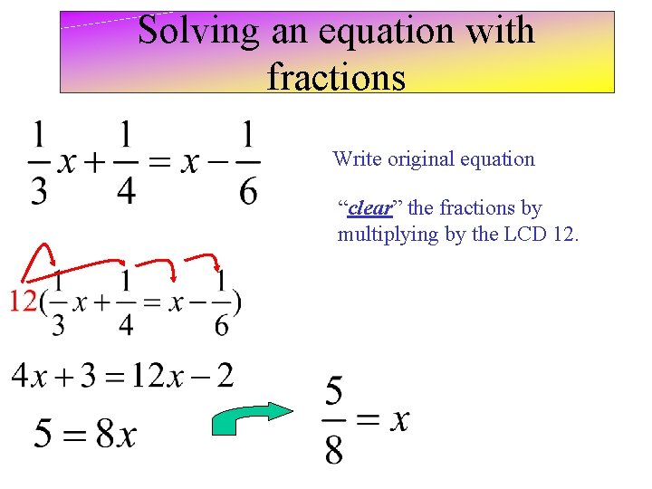Solving an equation with fractions Write original equation “clear” the fractions by multiplying by