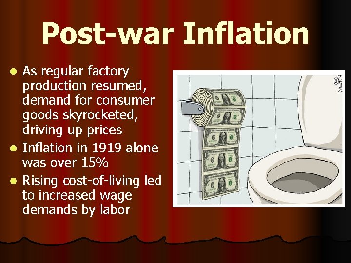 Post-war Inflation As regular factory production resumed, demand for consumer goods skyrocketed, driving up