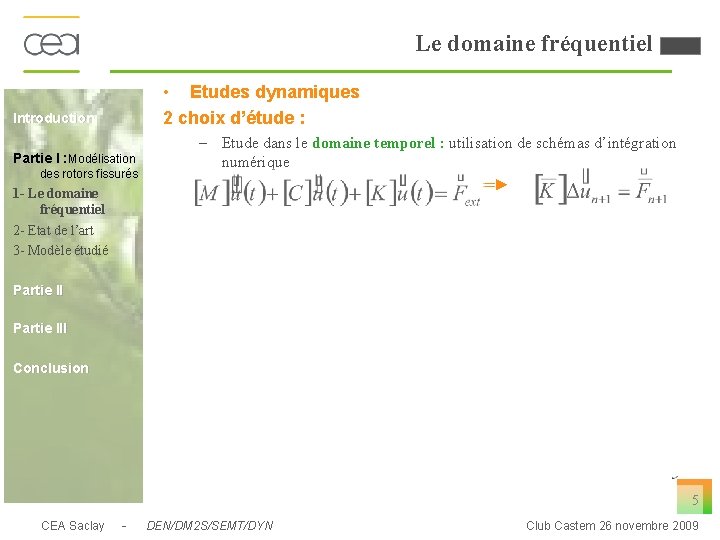 Le domaine fréquentiel • Etudes dynamiques 2 choix d’étude : Introduction Partie I :